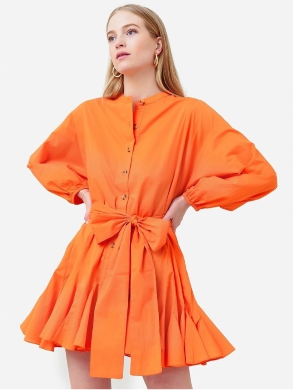 RHODE Bright Orange Button-Front Tie-Waist Mini Dress
